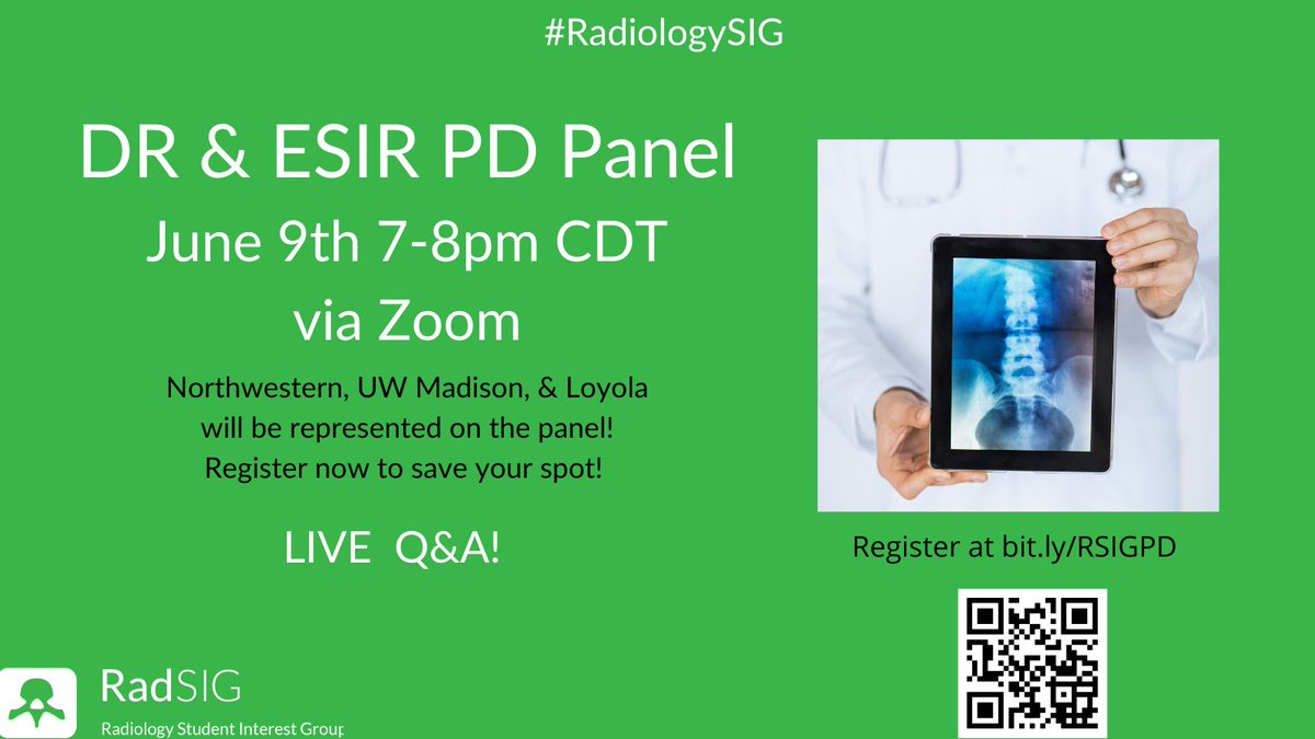 RadiologySIG's tweet image. 🗓️ANNOUNCEMENT!
What: DR &amp;amp; ESIR PD Panel
When: June 9th 7-8pm CDT
Where: Zoom (register at bit.ly/RSIGPD)
Who: All medical students welcome!

#RadiologySIG #futureradres #radtwitter @futureradres
