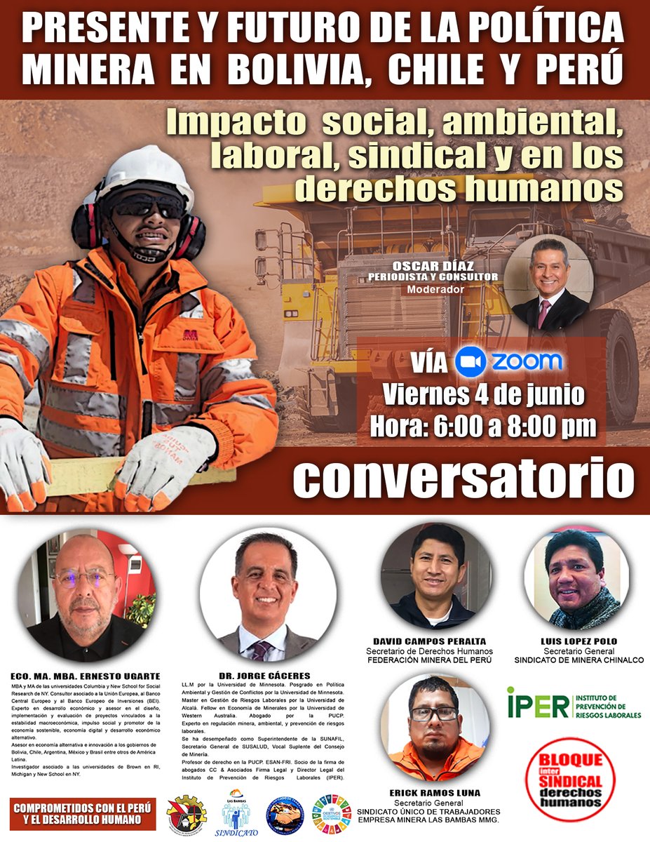 IntersindicalDH's tweet photo. El sindicalismo también está comprometido con el desarrollo nacional y el respeto a los #DerechosHumanos. IPER y el Bloque @IntersindicalDH organizan evento para analizar la POLÍTICA MINERA Y SU IMPACTO EN EL ÁMBITO LABORAL Y SINDICAL. @jcrequejo Vía Zoom: https://t.co/3L5bVQVyWn https://t.co/LjVnxkHTRi