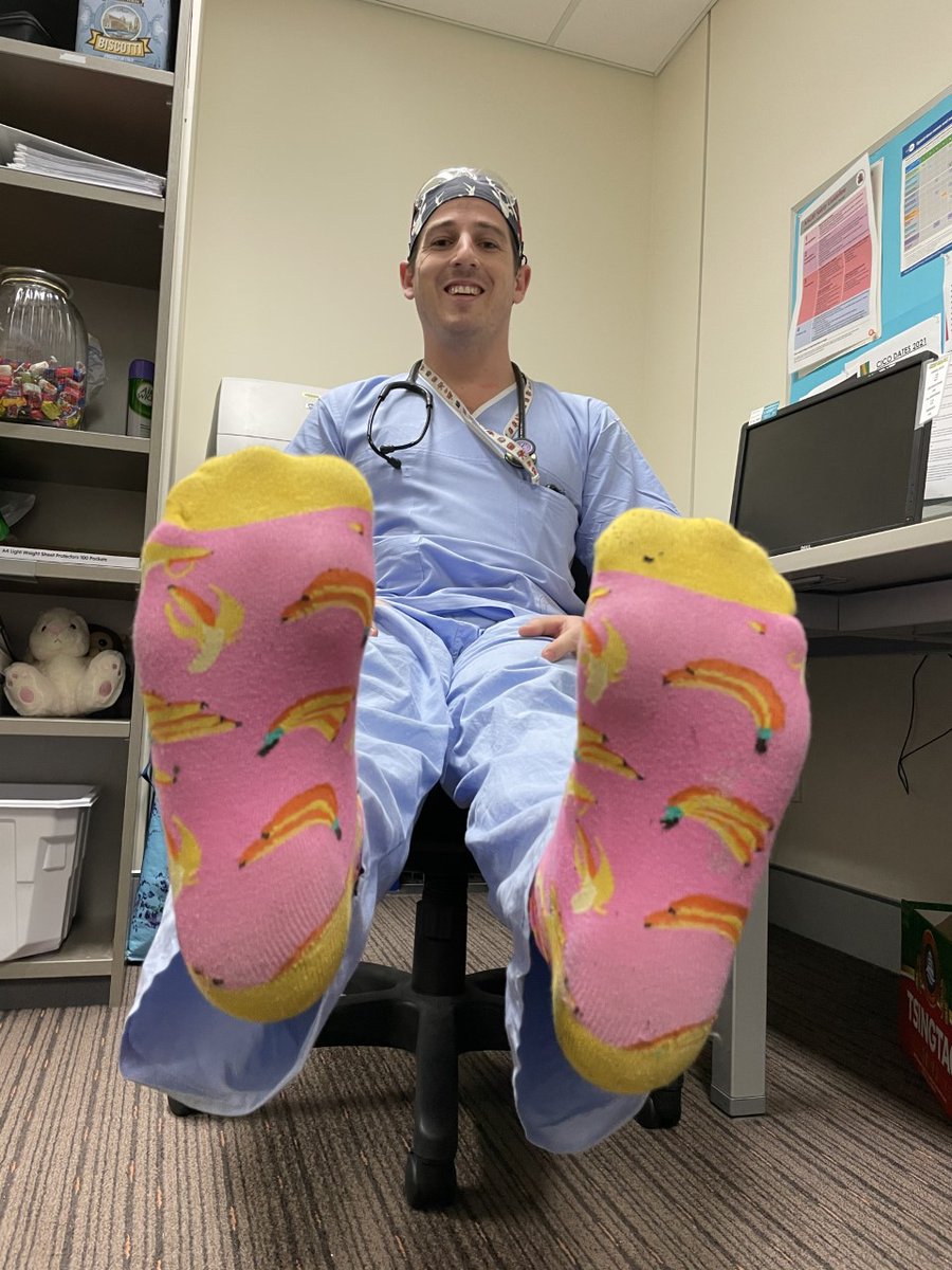 ANZCA's tweet photo. Today is #crazysocks4docs day – helping to break down the stigma around #Mentalhealth and doctors. #ANZCATrainees Dr Allister Ware, Dr Hannah Bellwood, Dr Joseph Bauer & Dr Henry Leung show off their @crazysocks4Docs at @pahospital in Brisbane🤝Are you wearing yours? https://t.co/rrf6dwxKya