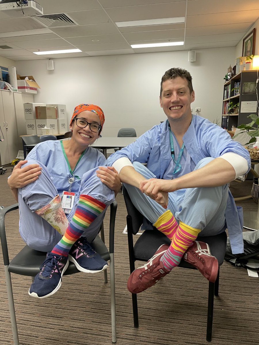 ANZCA's tweet photo. Today is #crazysocks4docs day – helping to break down the stigma around #Mentalhealth and doctors. #ANZCATrainees Dr Allister Ware, Dr Hannah Bellwood, Dr Joseph Bauer & Dr Henry Leung show off their @crazysocks4Docs at @pahospital in Brisbane🤝Are you wearing yours? https://t.co/rrf6dwxKya