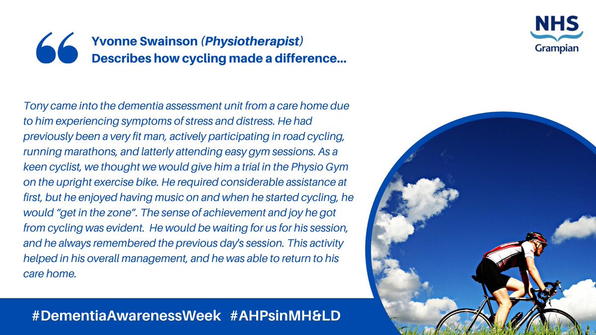 Today we hear from Yvonne Swainson, Physiotherapist, about how cycling made a difference 🚲 #DementiaAwarenessWeek #AHP @AhpDementia @elaineahpmh @catherin_totten @SNGMHLD @ionaahpmh @yvonne_swainson #AHPconnectingpeople #Physiotherapy #dementia #tweetaday #physicalactivity