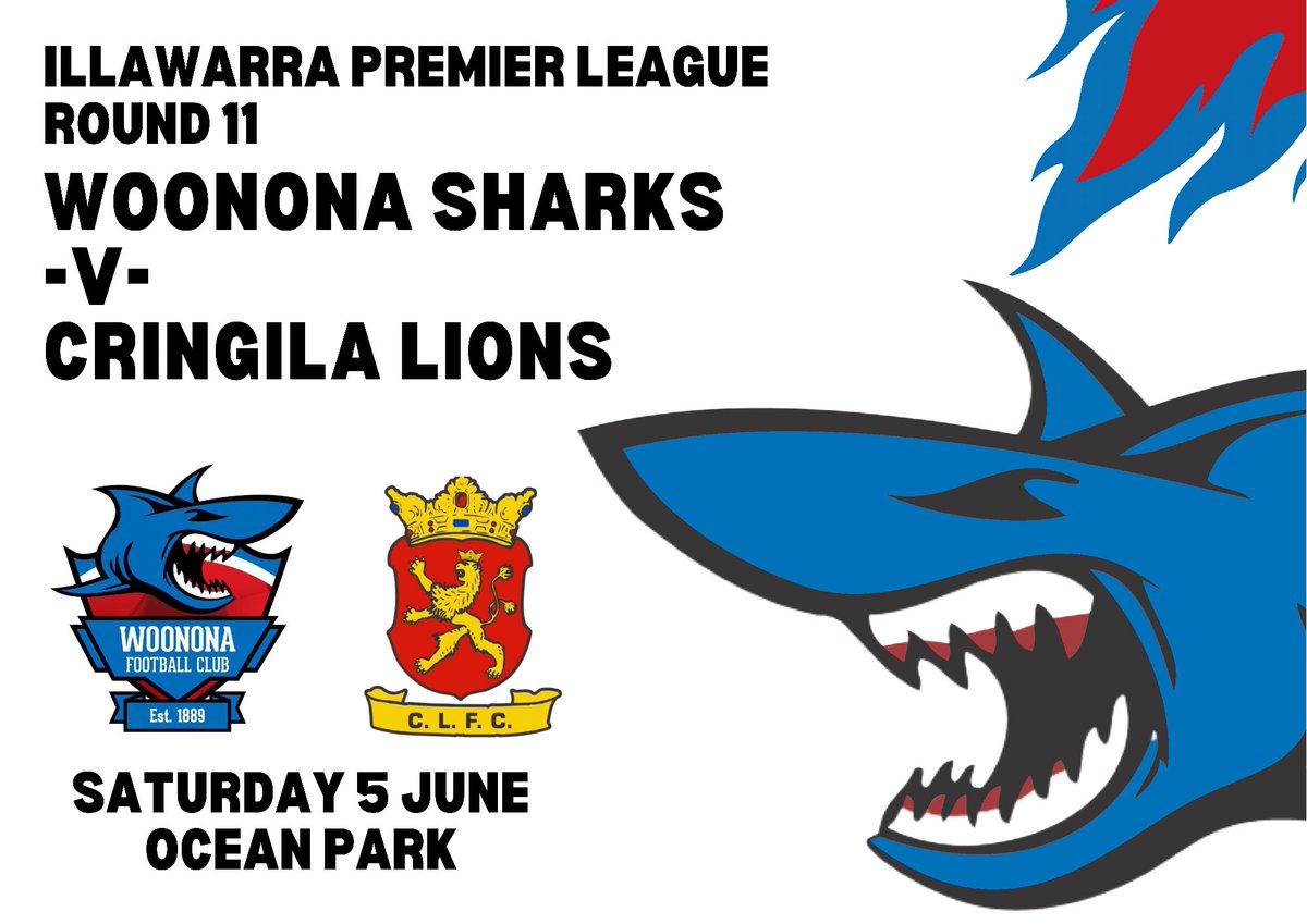 NEXT MATCH DETAILS •
🏆 ILLAWARRA PREMIER LEAGUE ROUND 11
📆 SATURDAY 5 JUNE
🆚 Woonona Sharks -v- Cringila Lions
⏰ YTH 10:30 | 2ND 12:30 | 1ST 14:30
📍 Ocean Park, Woonona 
#GoSharkies 🦈