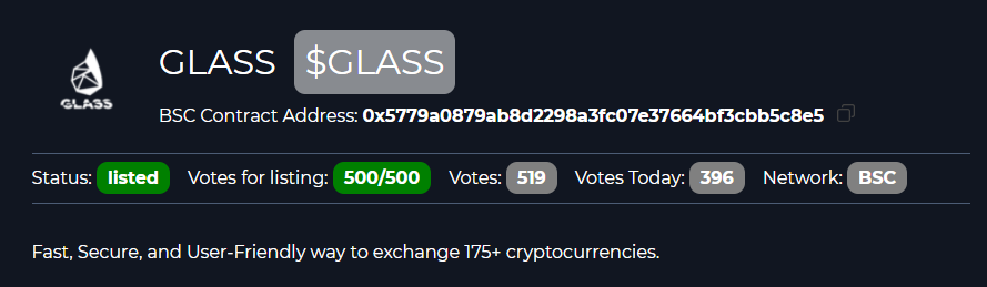 glasstoken's tweet photo. $GLASS has been listed with coinsniper! We hit 500 votes ladies and gents.

Thanks to you amazing holders!

#altcoin #bnb #crypto #glass #cryptocurrencies #btc #eth #Ethereum https://t.co/kYUiW2L80c