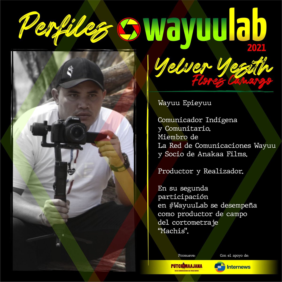 RedWayuu's tweet photo. 🎞️ #PerfilesWayuuLab Yelver Flores Camargo - Wayuu Epieyuu, Comunicador Indígena y Comunitario, miembro de La Red de Comunicaciones Wayuu. Productor socio de Anakaa Films. En su segunda participación en #WayuuLab asume el rol de productor en el corto documental "machis". https://t.co/U4uxlaBOBr