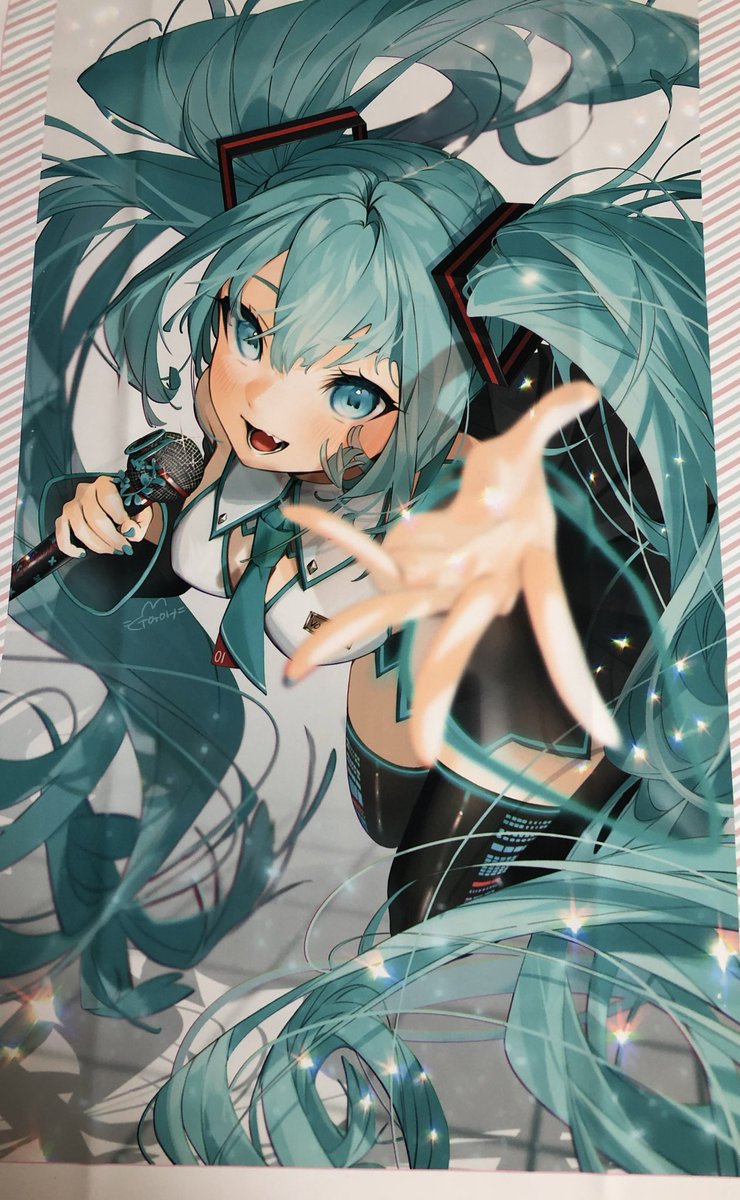 hatsune miku 1girl solo necktie twintails microphone open mouth fang  illustration images