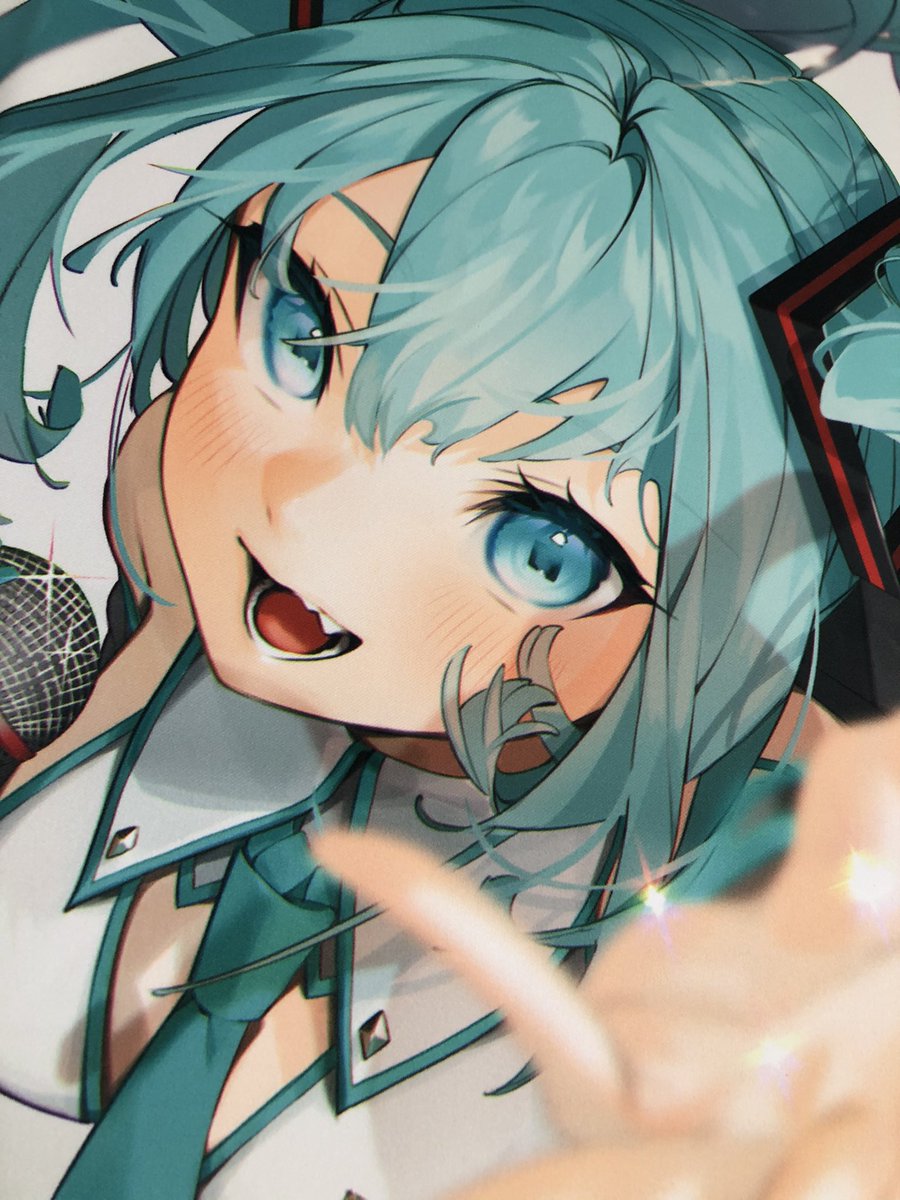 hatsune miku 1girl solo necktie twintails microphone open mouth fang  illustration images