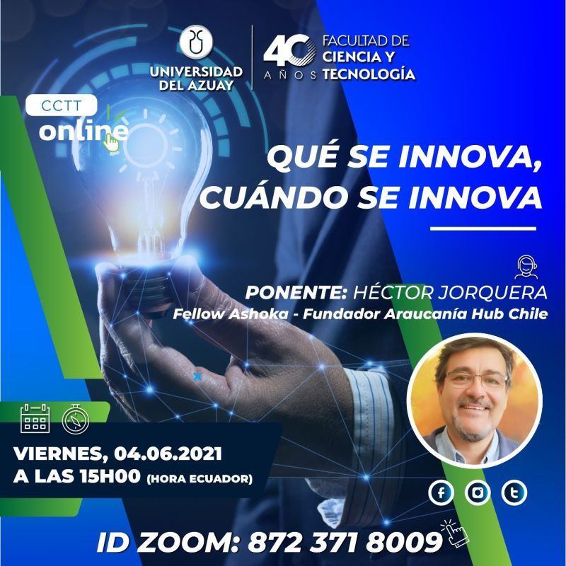 Nuestro socio <a href="/jorqueradechile/">Héctor Jorquera</a> compartirá en Cuenca, Ecuador, con la comunidad de la <a href="/uazuay/">UniversidaddelAzuay</a> este viernes 4 de junio #Innovación #Universidad