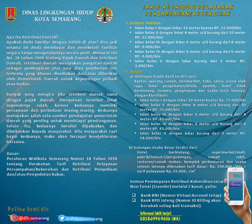 dlhkotasemarang's tweet photo. Bersih Kotanya,
Sehat Warganya,
Maju Kotanya.
.

Skuy kakak kita membayar retribusi kebersihannya.
.

Informasi lebih lanjut pembayaran Retribusi silahkan menghubungi Nomor Call Center 0858-6994-9606 (WA).
.

cc: @hendrarprihadi @mbakitasmg @iswaraminuddin @pilusss_ @SaptoAdiS https://t.co/J4gwk8rWi1