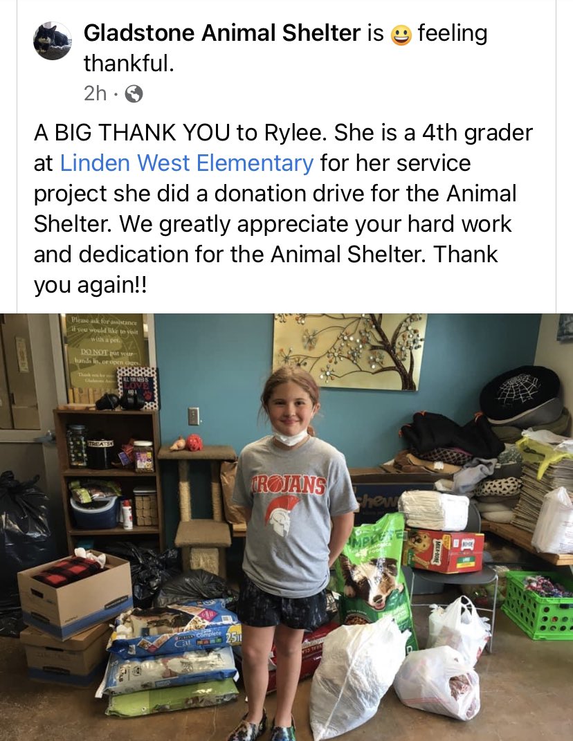 .<a href="/NKCSchools/">NKC Schools</a> <a href="/LWNKCSD/">Linden West NKC</a> 4th grade student Rylee ran a donation drive for the <a href="/gladstonemo/">City of Gladstone</a> Animal Shelter for her community service project! @LWPawPride @PtaLinden <a href="/CummingsKajuan/">kajuan cummings</a>