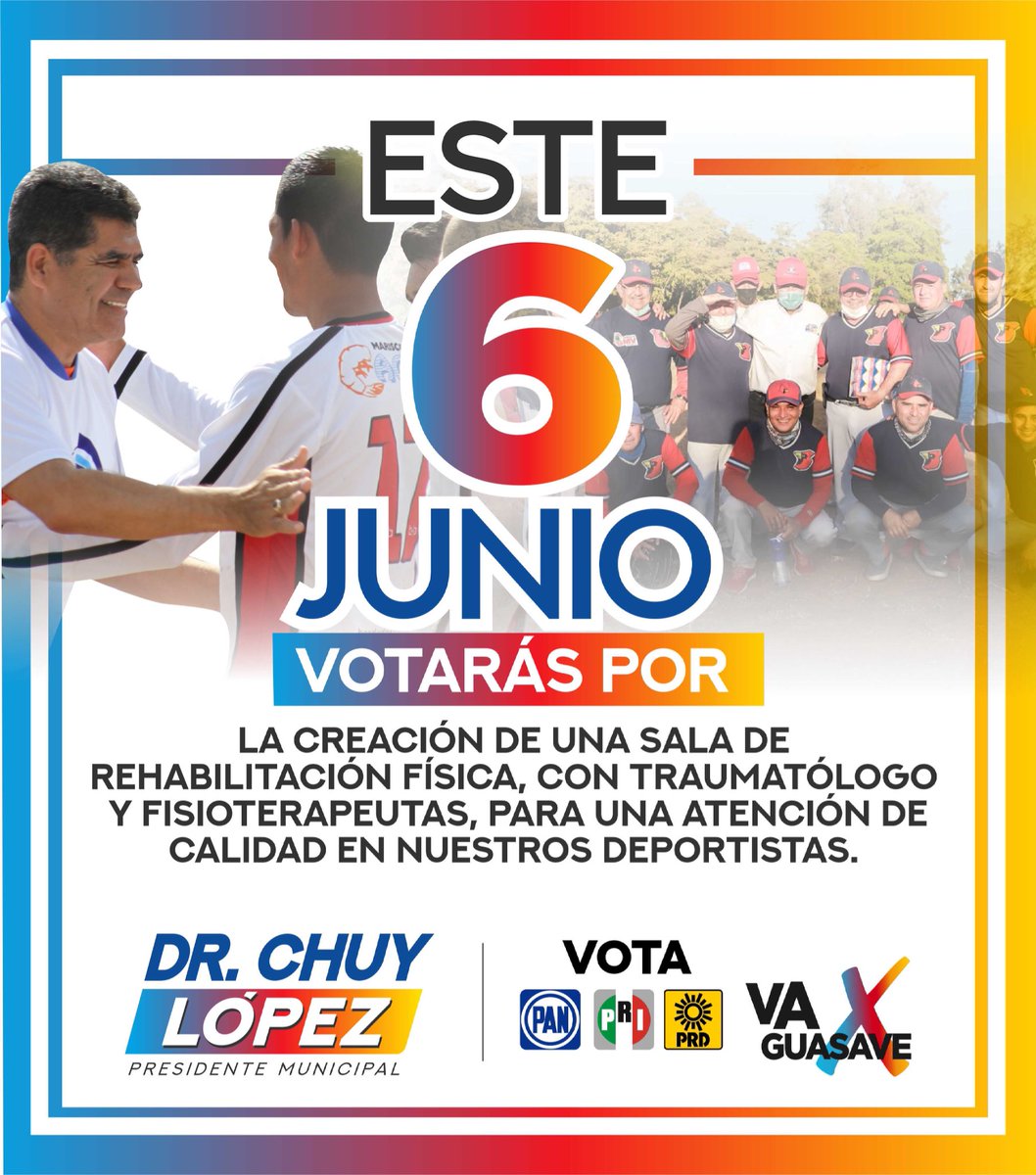 DrChuyLopez's tweet photo. ¡Trabajemos unidos por #Guasave! 
🔵🔴🟡✅🗳
#ChuyLópezPresidente 💪 https://t.co/FKWJYJU8zi