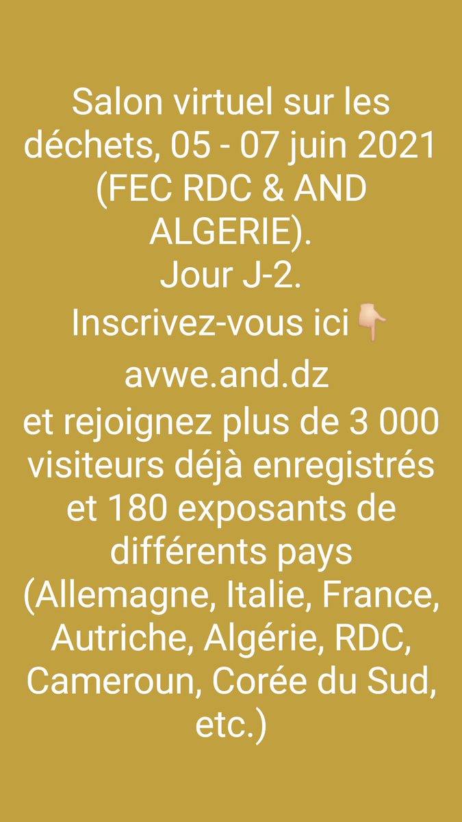 avwe.and.dz salon virtuel sur les déchets <a href="/FECRDC/">Fédération des entreprises du Congo</a> <a href="/ANDalgerie/">AND Algérie</a>. Jour J-2 <a href="/Evebazaiba/">Eve Bazaiba</a> <a href="/ClaudeNyamugabo/">Maître Claude Nyamugabo Bazibuhe</a> <a href="/Presidence_RDC/">Présidence RDC 🇨🇩</a> <a href="/PrimatureRDC/">Primature de la République Démocratique du Congo</a> <a href="/calebmukadi1/">Caleb Bonyi MUKADI</a> <a href="/KamoriDidie/">Kamori Mutw. Didier</a> <a href="/OKodila/">Oasis Kodila Tedika</a> <a href="/RonnyKabangu/">Kabangu Ronny</a> <a href="/kakanda_modeste/">Modeste Kakanda</a> <a href="/actualitecd/">ACTUALITE.CD</a> <a href="/DeskNature/">DESKNATURE.COM</a> <a href="/deskecocd/">DESKECO.COM</a> <a href="/OCDDRDC/">OCDD</a> @NgobilaM