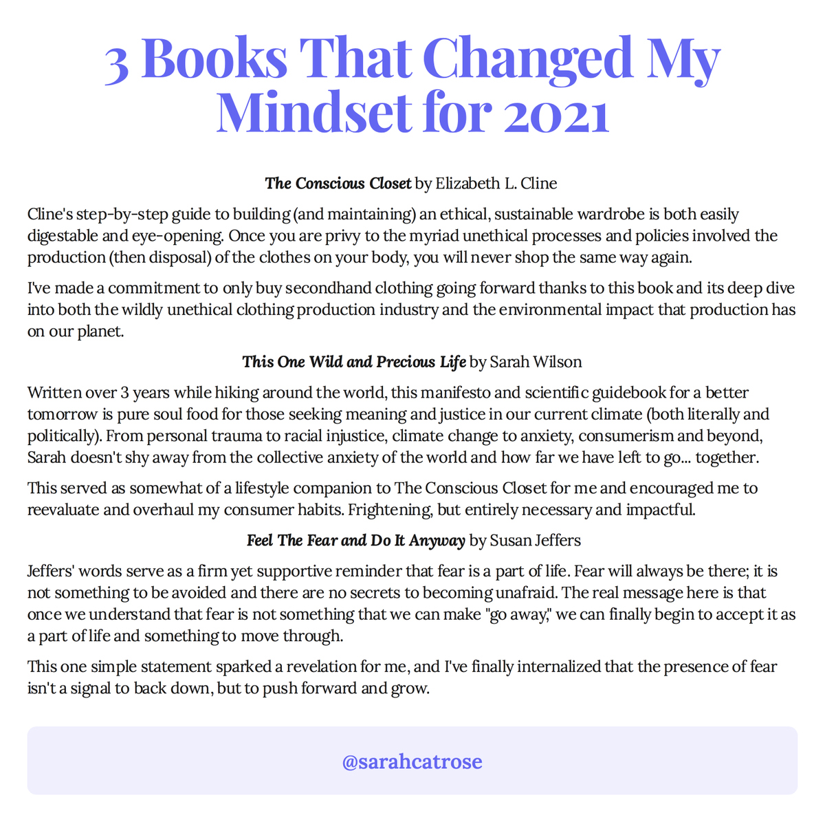 SarahCatRose's tweet photo. #Ship30for30 Day 19: shifting mindsets.

What books helped to change yours? 🧠

I have these brilliant minds to thank for much of my 2021 ethos✨
@elizabethlcline @_sarahwilson_ @SusanJeffers 

Considering full pieces on each because there's just SO MUCH to discuss, folks!!! 🖤 https://t.co/vFuneitI4x