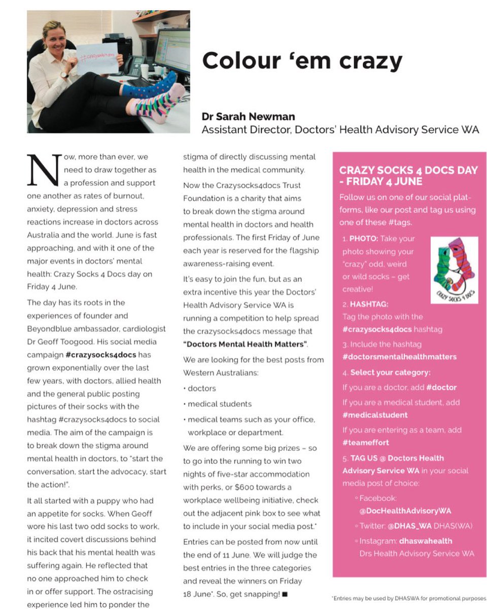 #crazysocks4docs is tomorrow! Enter our #doctorsmentalhealthmatters competition! <a href="/crazysocks4Docs/">crazysocks4docs</a> <a href="/DHAS_WA/">DHAS (WA)</a> <a href="/drs4drs_Aus/">Doctors Health Services Pty Ltd</a> <a href="/AMA_WA/">AMA (WA)</a> @amacdt @WAGPET_WA <a href="/gdtoogood/">Geoff Toogood</a>