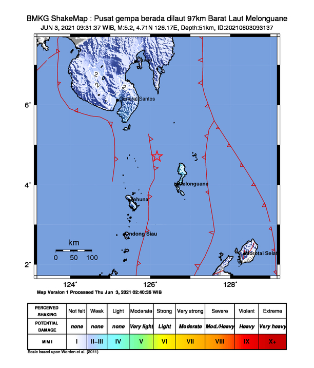 #Gempa Mag:5.2, 03-Jun-21 09:31:37 WIB, Lok:4.71 LU, 126.17 BT (Pusat gempa berada dilaut 97km Barat Laut Melonguane), Kedlmn:51 Km Dirasakan (MMI) II Tahuna #BMKG