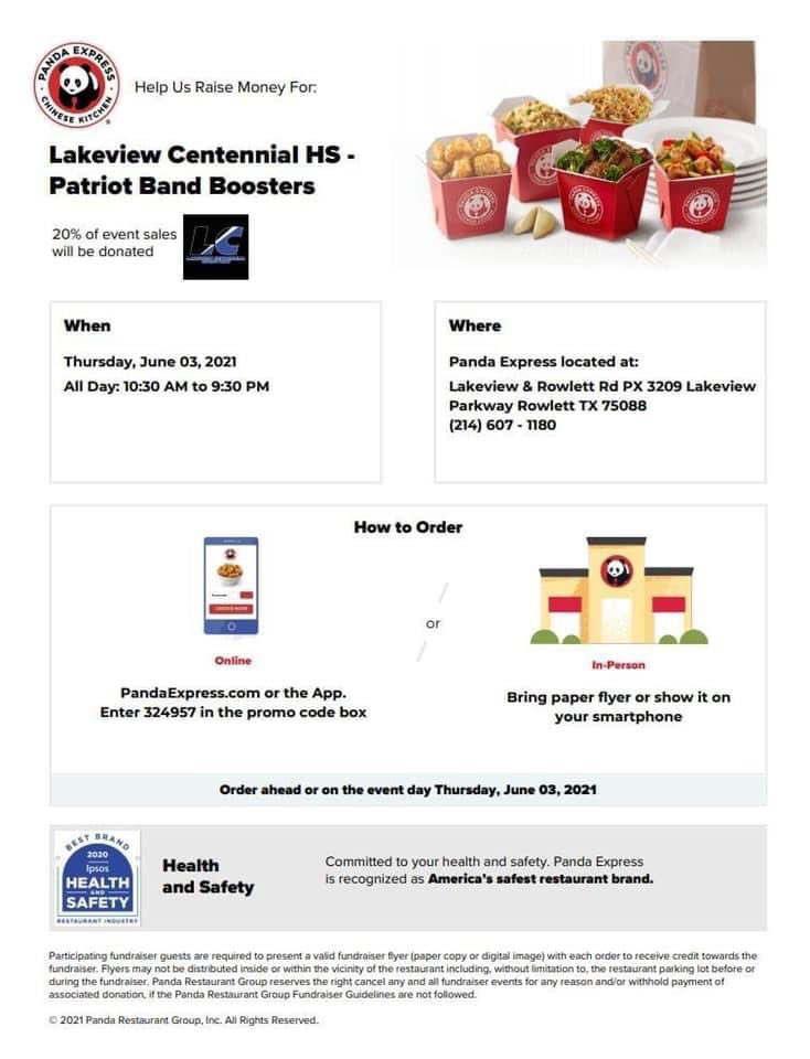 Looking for Thursday evening dinner plans? We’ve got you covered! Join us at Panda Express (online and in person orders) for some good food and support a great cause — the LCHS Patriot Band!  Details in the attached flyers.
<a href="/LCHS_Patriots/">Lakeview Centennial Patriots 🎓</a> <a href="/lchspatriotband/">LCHS Patriot Band</a> <a href="/LC_Guard/">💙Lakeview Centennial HS Colorguard💛</a> 
#WeAreLC