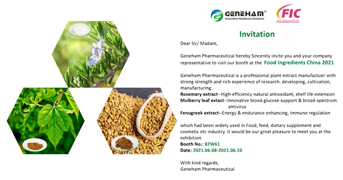 GenehamCo's tweet image. Dear Customers,

Geheham pharmaceutical sincerely invite you to visit us at FIC!

Date:2021-06-08~2021-06-10
Booth: 82W61

#foodadditives #foodandbeverageindustry #foodandbeverages #foodandbeveragemanufacturing #antioxidants #naturalproducts #dietarysupplements #weightmanagement