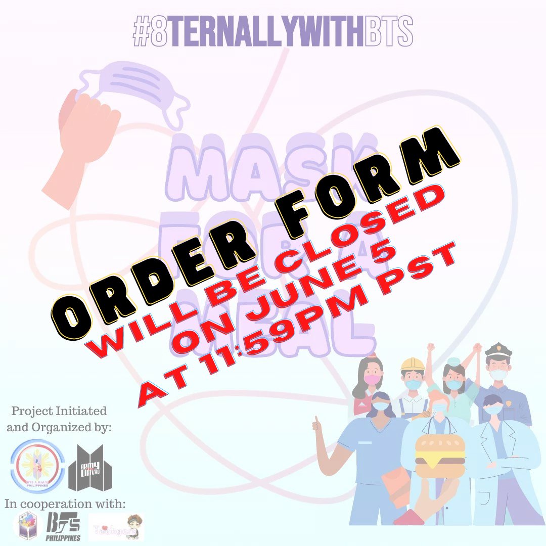 btsaph130613's tweet photo. #8TERNALLYWITHBTS
แดแดsแด าแดส แด แดแดแดส
We will be closing our order form with this project on June 5, 11:59pm๐ต๐ญ
You can still grab yours fam.
Kindly fill the form for our transparency record.
Order & Donation Form
https://t.co/eWMWoOslfq
#BTS8thAnniversary
#MaskForAMeal https://t.co/WJxxSsmJNh