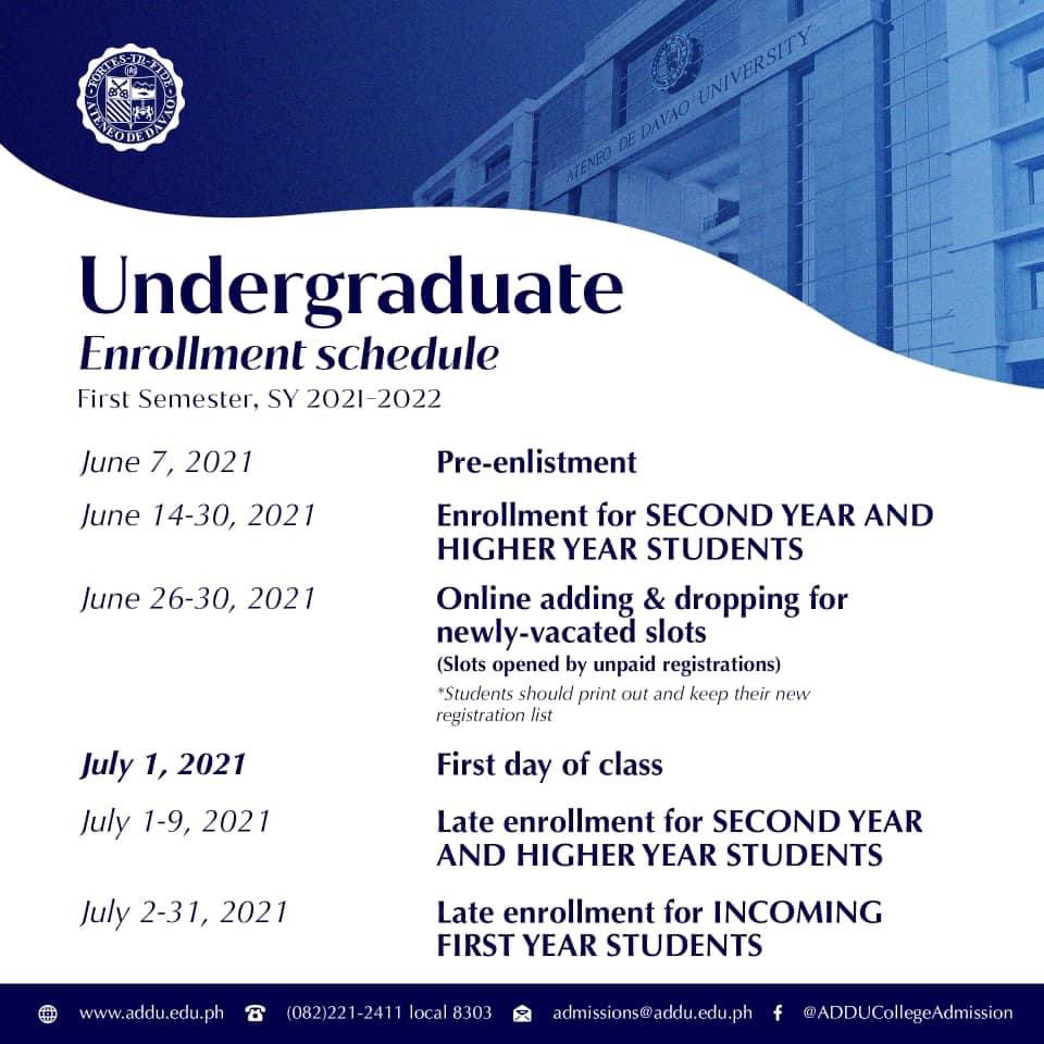 AdduAdmission's tweet photo. ENROLLMENT SCHEDULE | Please take note of the important dates and pop them into your online calendar so you will never miss a deadline!

Do not delay, Enroll Today! Visit https://t.co/BTILxClTnZ

#AMDG
#WeLearnAsOne
#ADDU
#Enrollment https://t.co/rpaMm8BTCp