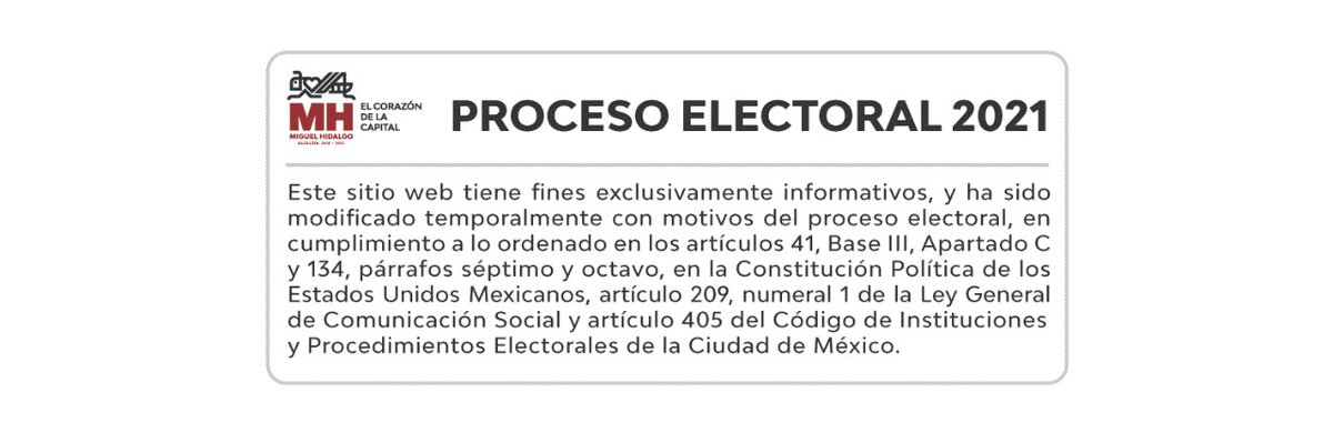 #MHInforma ⚠️ De conformidad con el Marco Legal que rige la comunicación social de la @AlcaldiaMHmx y como parte de la veda del Proceso Electoral 2020-2021, se suspende temporalmente la difusión de propaganda gubernamental a través de esta red social.