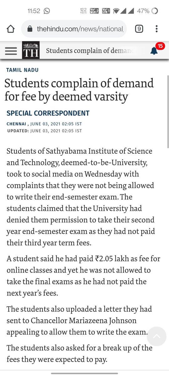 VSeemakurthi's tweet photo. #thehindu thanks a ton for addressing this. @SATHYABAMA_  you people are responding for the media people but not your own students seriously? Why are you turning this as a miscommunication our issue yesterday was 1)login credentials 2)reduce the damn fees #SathyabamaUniversity https://t.co/XyQZTRCKZw