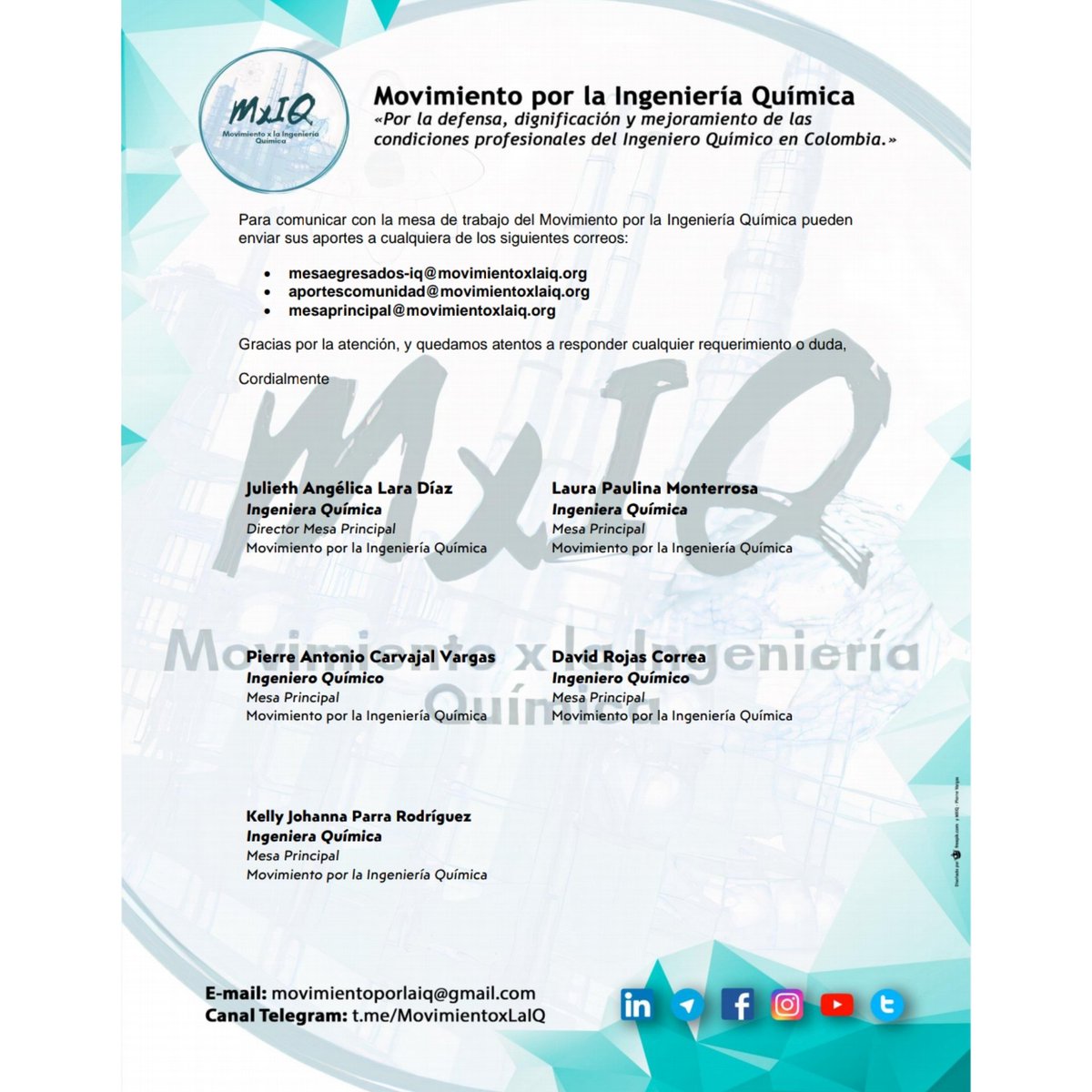 MovimientoporIQ's tweet photo. Invitación abierta a miembros asociaciones de egresados por Universidades a construcción de nuevo proyecto de Ley para la IQ.

#movimientoxlaiq #MXIQ #MovimientoxLaIQ #UnidosSomosMas #IQUnidosSomosMas #IQEnEquipoConQF #IQEnEquipoConQP⠀
#IndustriaColombia #UnidosSomosMas https://t.co/9RSpWOFu4H