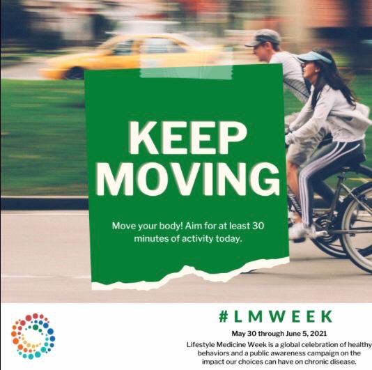 Todays Challenge: Keep Moving
, why it’s important to your overall health, plus tips and tricks to try at home!
Featuring:
– Marsha-Gail Davis, MD
– Jessica Matthews, DBH, MS, NBC-HWC, DipACLM
Register at:
lmweek.org/chats/
#lifestylechoices #LMWeek #LifestyleMedicine