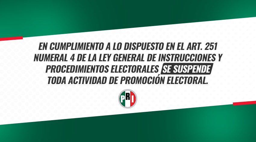 En cumplimiento a lo dispuesto en el Artículo 251 numeral 4 de la Ley General de Instituciones y Procedimientos Electorales, y con el propósito de respetar el periodo de libre reflexión del voto, esta cuenta suspende toda actividad hasta la conclusión de la jornada electoral.