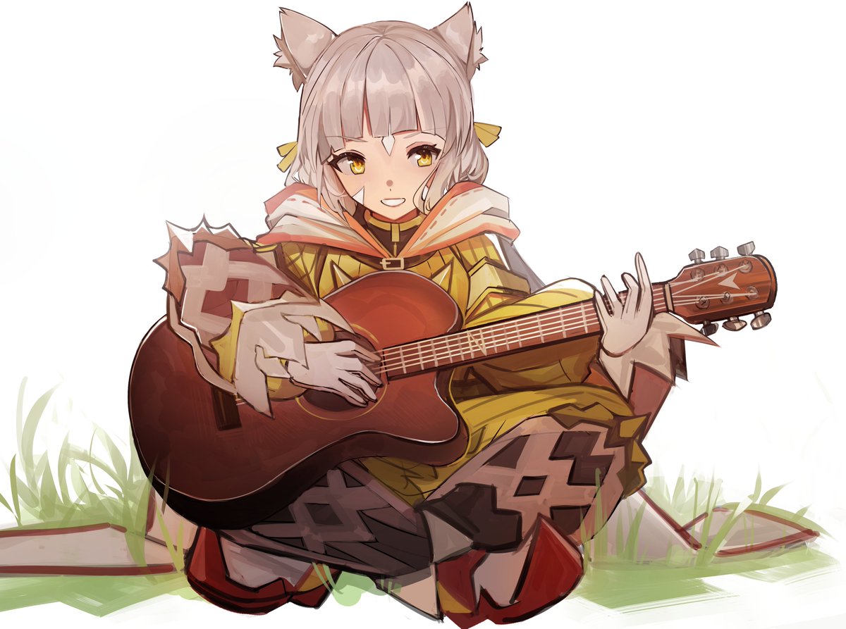 nia (xenoblade) yellow bodysuit 1girl cat ears animal ears solo yellow eyes instrument  illustration images