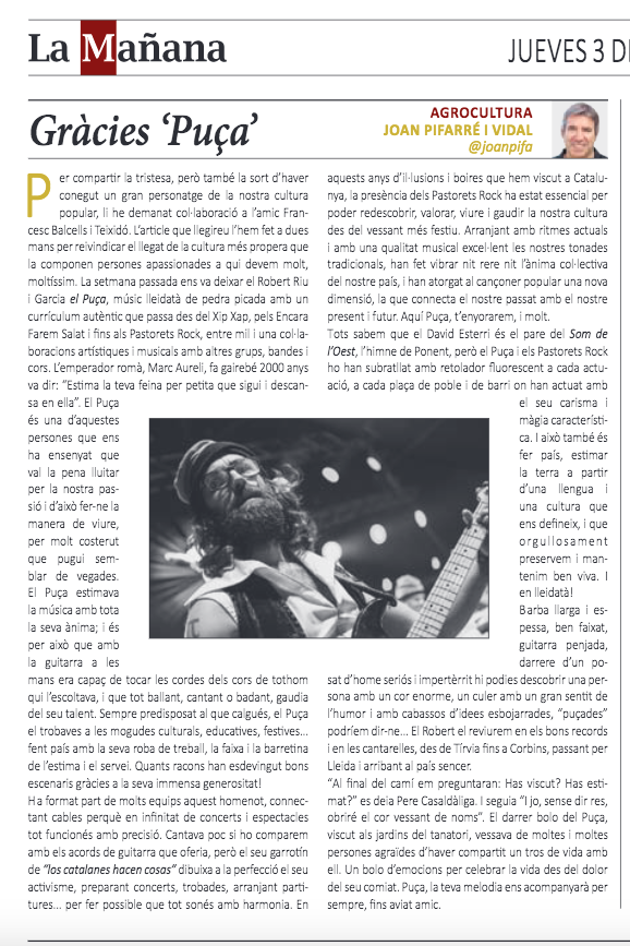 joanpifa's tweet photo. Amb el @fbalcells compartim un senzill però sentit homenatge al músic lleidatà Robert Riu "Puça". Viuràs en les cançons dels @PASTORETSROCK  i en els nostres millors records. Gràcies per la vida!
https://t.co/SBwk2ObFhi https://t.co/359FpEWNHh