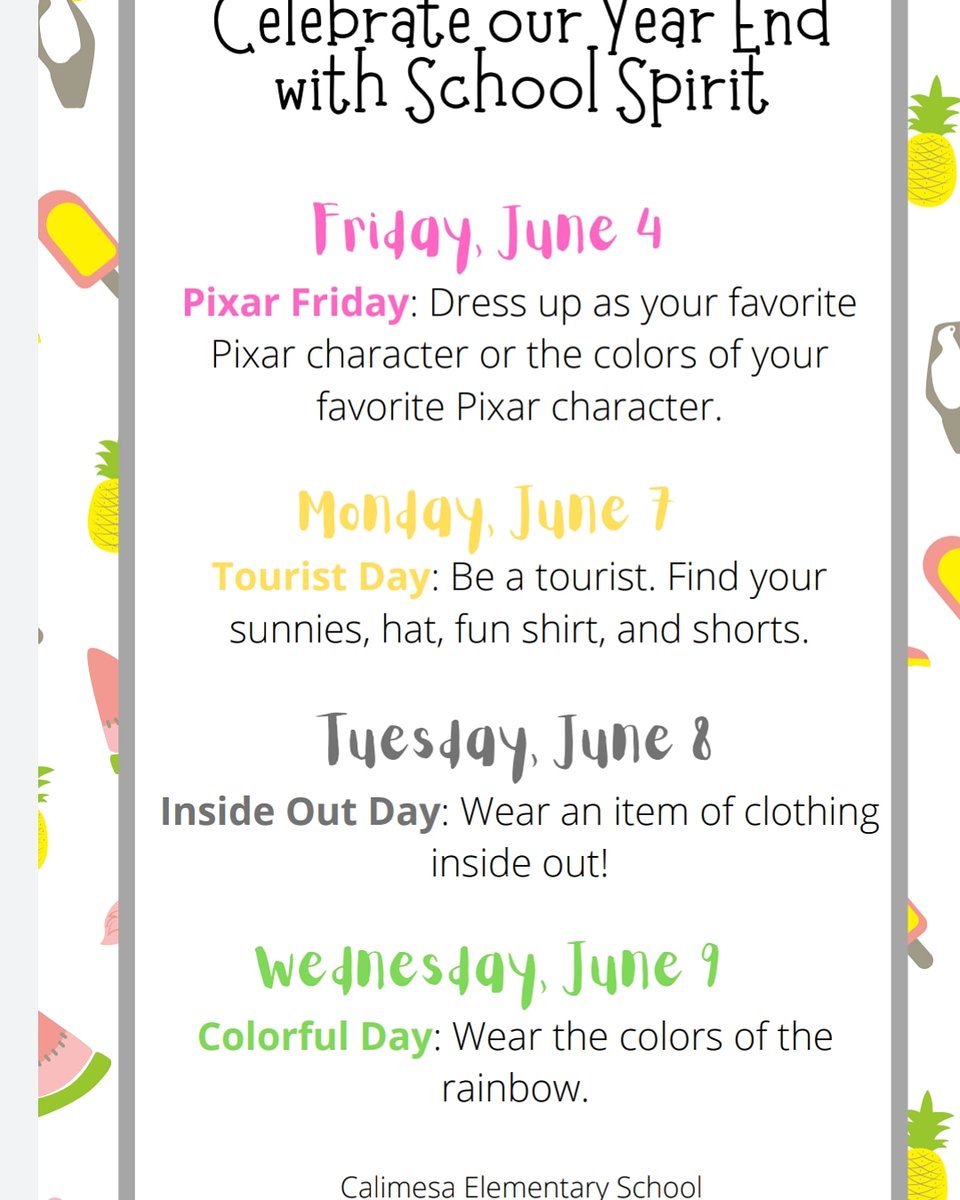Join us as we bring on Summer vacation and celebrate the end of a challenging, but learning-filled year with colorful, spirited activities!!