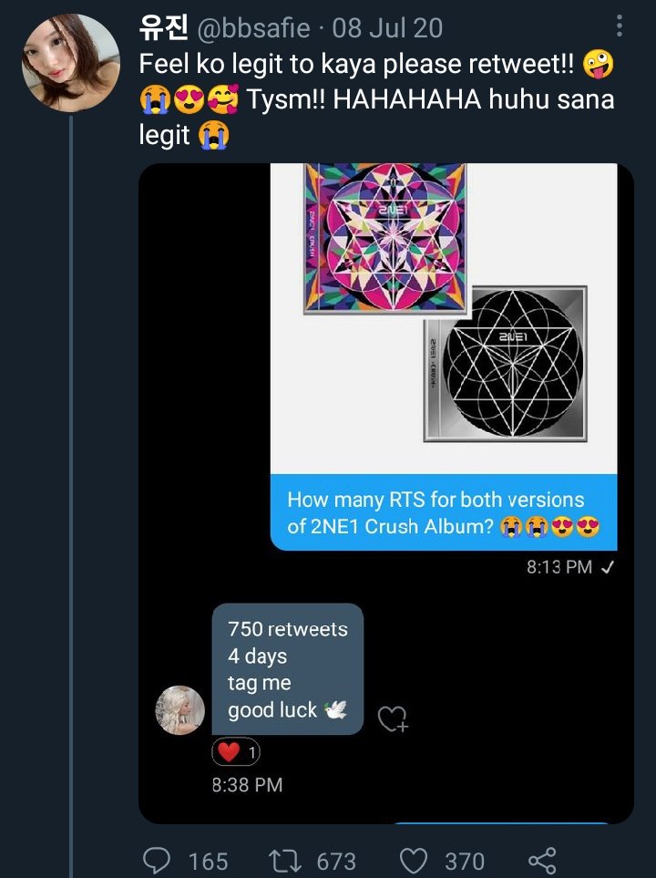 i remember joining this retweet deal of album kay aprilsmerch.. na reach ko yung deal ko noon.. tapos nag inactive na sya. :(( scam. And until now, wala never akong nagka album ng 2ne1 na crush.🥺🥺🥺 i hate rt deals.