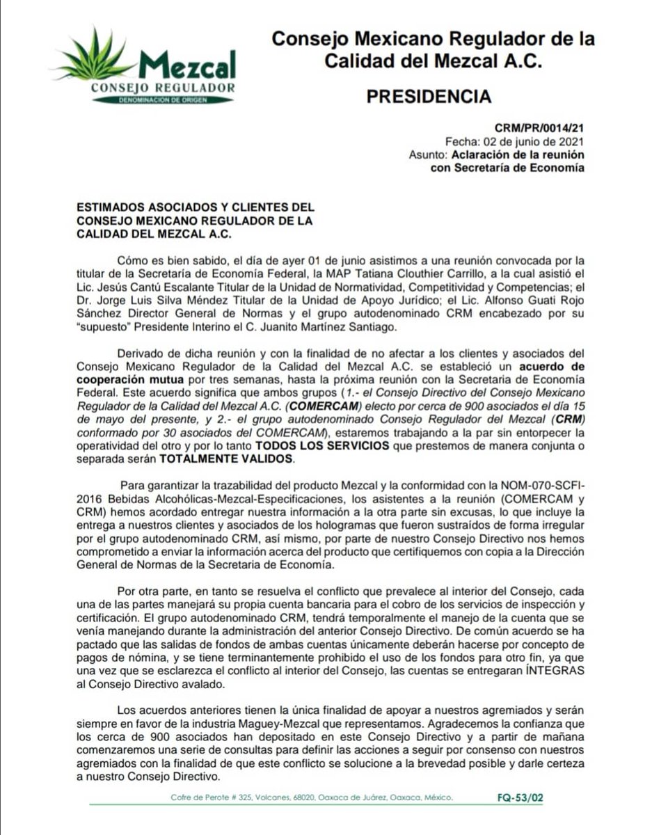 COMERCAM_AC's tweet photo. Comunicado de la Presidencia del Consejo Mexicano Regulador de la Calidad del Mezcal A.C. Aclaraciones de la reunión con la Secretaría de Economía Federal

#ConsejoMexicanoReguladorDeLaCalidadDelMezcalAC #ComercamAC #PresidenciaComercamAC #COMERCAM #MezcalPuntoCom #SE https://t.co/3aUHD6oD5H