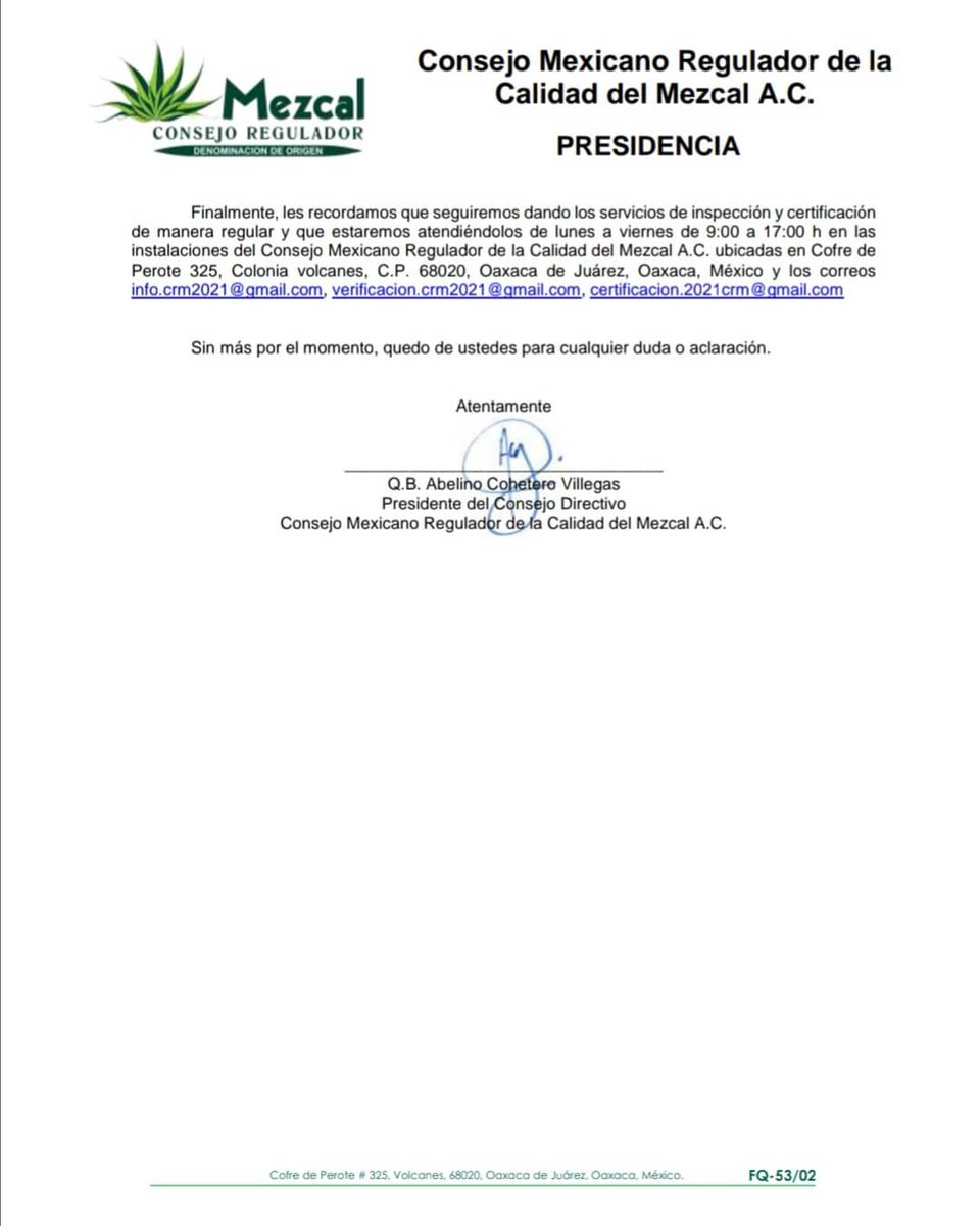 COMERCAM_AC's tweet photo. Comunicado de la Presidencia del Consejo Mexicano Regulador de la Calidad del Mezcal A.C. Aclaraciones de la reunión con la Secretaría de Economía Federal

#ConsejoMexicanoReguladorDeLaCalidadDelMezcalAC #ComercamAC #PresidenciaComercamAC #COMERCAM #MezcalPuntoCom #SE https://t.co/3aUHD6oD5H