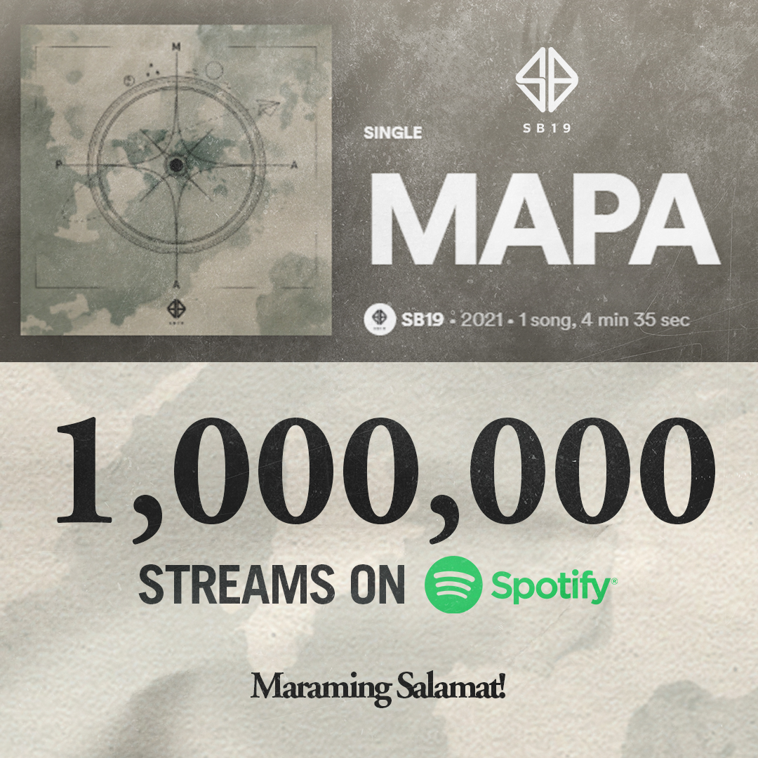 🎉 Happy 1 MILLION 'MAPA' Spotify streams! 🎧 Listen to #SB19MAPA here: sptfy.com/iu0A 🎬 Watch on YouTube: youtu.be/DDyr3DbTPtk #SB19MAPA1MonSpotify