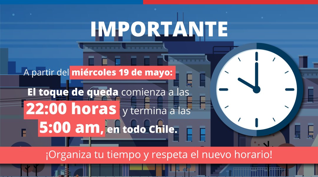 22:00 h | #COVID19 #AHORA #NACIONAL Comienza toque de queda en Chile por la pandemia del COVID-19, hasta las 05:00 h del Viernes 04 de Junio de 2021