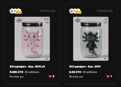 artbyonem's tweet photo. Apparently @rarible is fixing a bug that leaves the new nfts minted in the " transferring limbo"  for hours.  I hope they fix it soon.  
If you were interested in getting a #Cryptojar, send me a DM and I can answer any questions about it.
Cheers! ❤️ https://t.co/OJzC0I3mqp