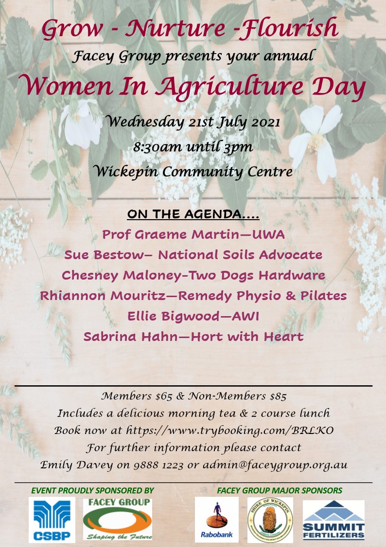 Don't miss out - Book your tickets today for the 2021 Facey Group Women In Agriculture Day! trybooking.com/BRLKO