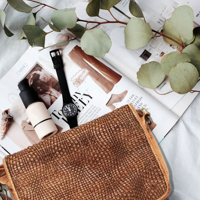 We love a good flat lay - especially if it includes a eucalyptus branch...and one of our favourite bags! 
Here featured our Silvina in tan with our "wave weave" pattern. Perfect for any season!