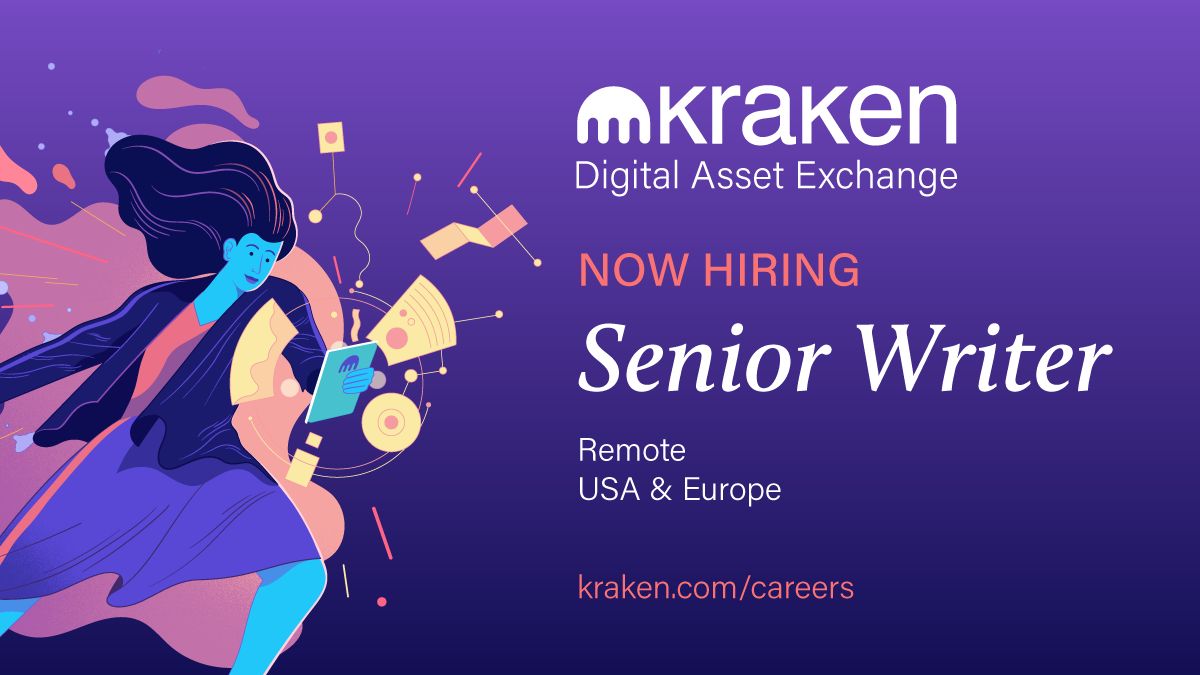 krakenfx's tweet photo. Join the Kraken team! We’re hiring Senior Writers in the US &amp; Europe. 

Work remotely &amp; get paid in #Bitcoin to do what you love. Apply using the links below ✍️ 

🌎 Senior Writer (US): https://t.co/eblm2F7QEB

🌍 Senior Writer (EU): https://t.co/JonKnYlJ1h https://t.co/aBbTMIwcJs