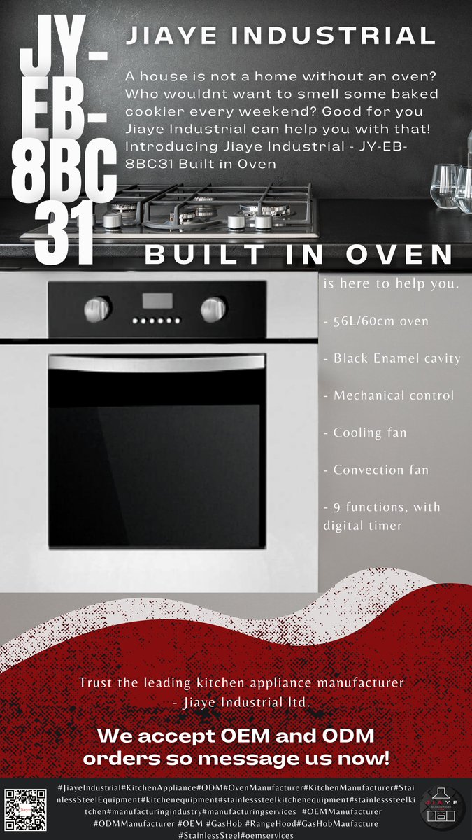 A house is not a home without an oven? Who wouldnt want to smell some baked cookier every weekend? Good for you Jiaye Industrial can help you with that! Introducing Jiaye Industrial - JY-EB-8BC31 Built in Oven

#JiayeIndustrial #OEMManufacturer #KitchenAppliance #ODMManufacturer