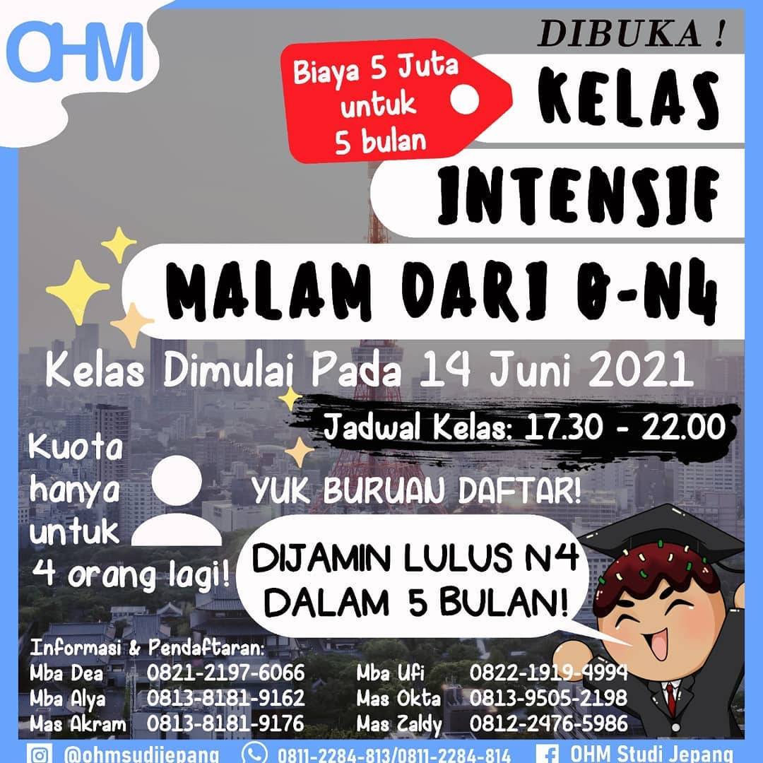 DIBUKA PENDAFTARAN KELAS INTENSIF MALAM, START BULAN JUNI 2021!
Kelas Intensif Bahasa Jepang NOL-JLPT N4!
Kelas Dimulai 14 Juni 2021!
Kelas Intensif Setiap Hari, Senin-Jumat, 4 jam pertemuan perhari.
Jam 17.30 - 22.00 WIB.!
Pendaftaran? 
goo.gl/forms/wYo405TT…