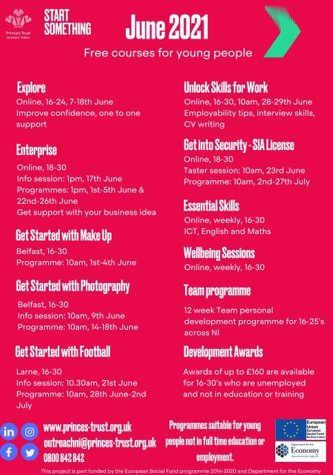 Here’s an excellent range of FREE courses for young men @PrincesTrustNI throughout June - new #skills new #hobbies #SelfCare #Take5 🖐 #KeepLearning @CaraFriendNI @YouthActionNI @TrinityBelfast @arcni @TAMHI2011 @west_wellbeing @ycanibelfast @MACS_NI @commonyouth_ @crisiscafeni