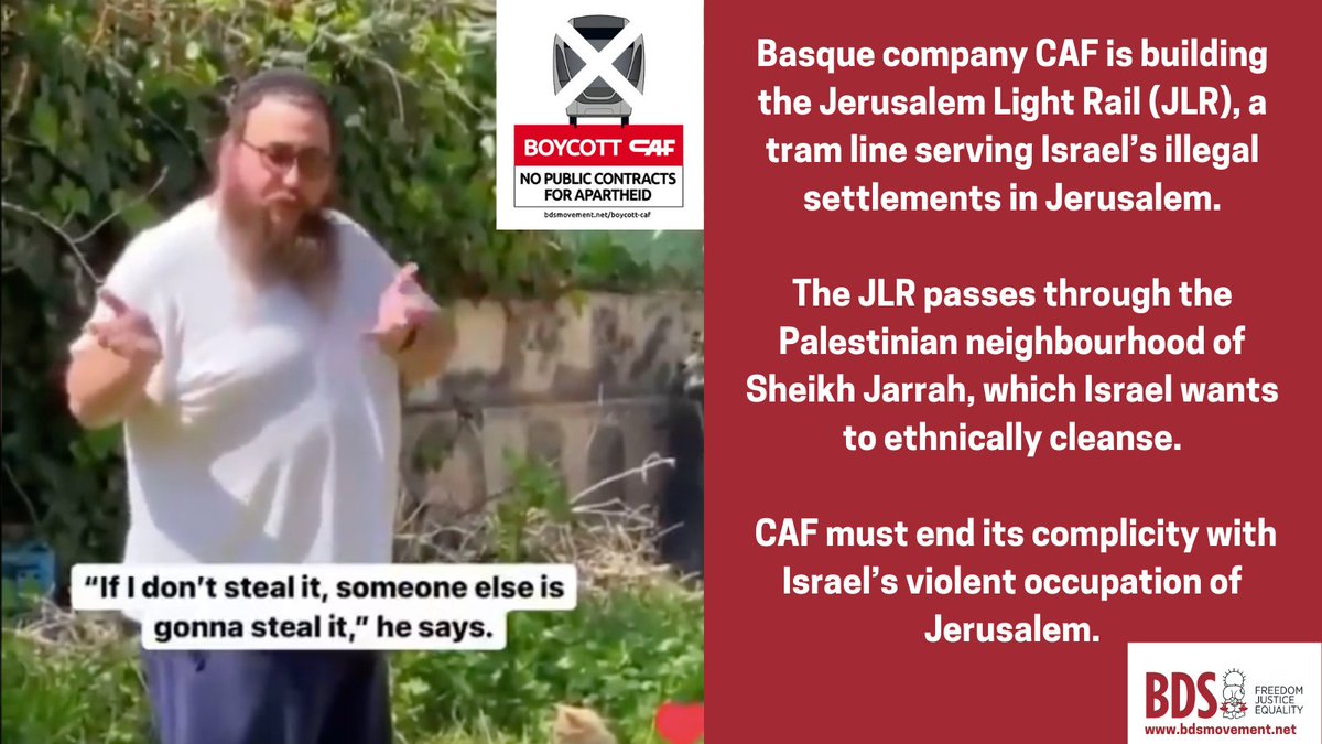 The JLR passes through Sheikh Jarrah where illegal settlers, backed by Israel’s government, courts and militarized police, are attempting to ethnically cleanse Palestinians.

Email CAF shareholders now! ➡️ bit.ly/3fFT35r
#SaveSheikhJarrah
#CAFGetOffIsraelsApartheidTrain