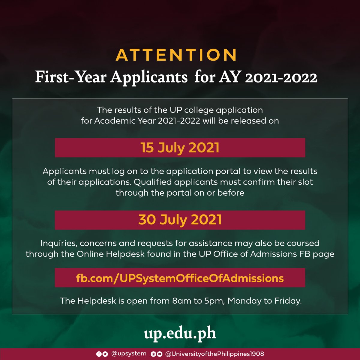 upsystem's tweet photo. UP college application results for AY 2021-2022 to be released on 15 July 

Read more here: https://t.co/zTQfpPzaLB https://t.co/YLifCzVSqo