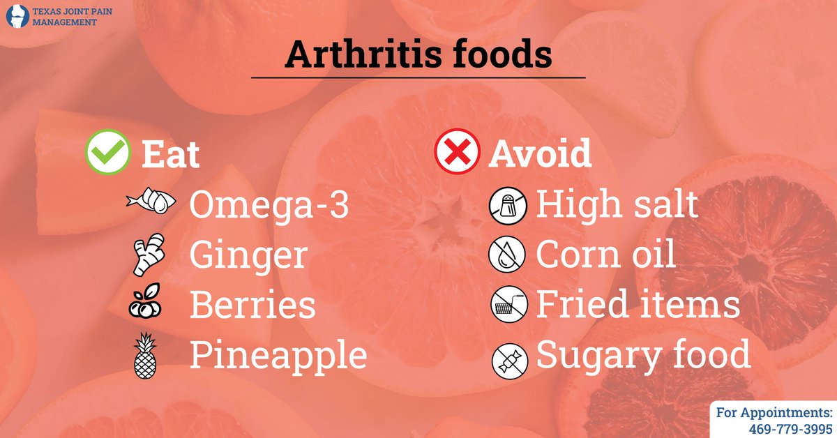Texas_JointPain's tweet photo. Altering your diet a little bit can sometimes be very beneficial in managing your arthritis. Here is what you should and should not eat if you are suffering from arthritis. 
#arthritis #arthritisdiet #healthyeating https://t.co/ECCobF0Goc
