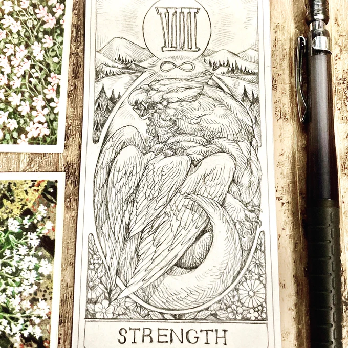 力【STRENGTH】のタロットカードが描けました。シンプルだけど力強い鳥さんをお絵描き出来ました。 