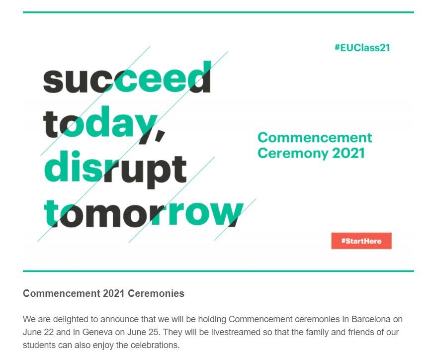 marc_guerrero's tweet photo. It's a  dose of energy to be informed that this year Commencement Ceremonies in #Barcelona and #Geneve are going to take place.  A fantastic event where we will come together to recognize the many accomplishments of our graduates! #StartHere #EUclass21 @EU_group https://t.co/XFnaVYIpzI