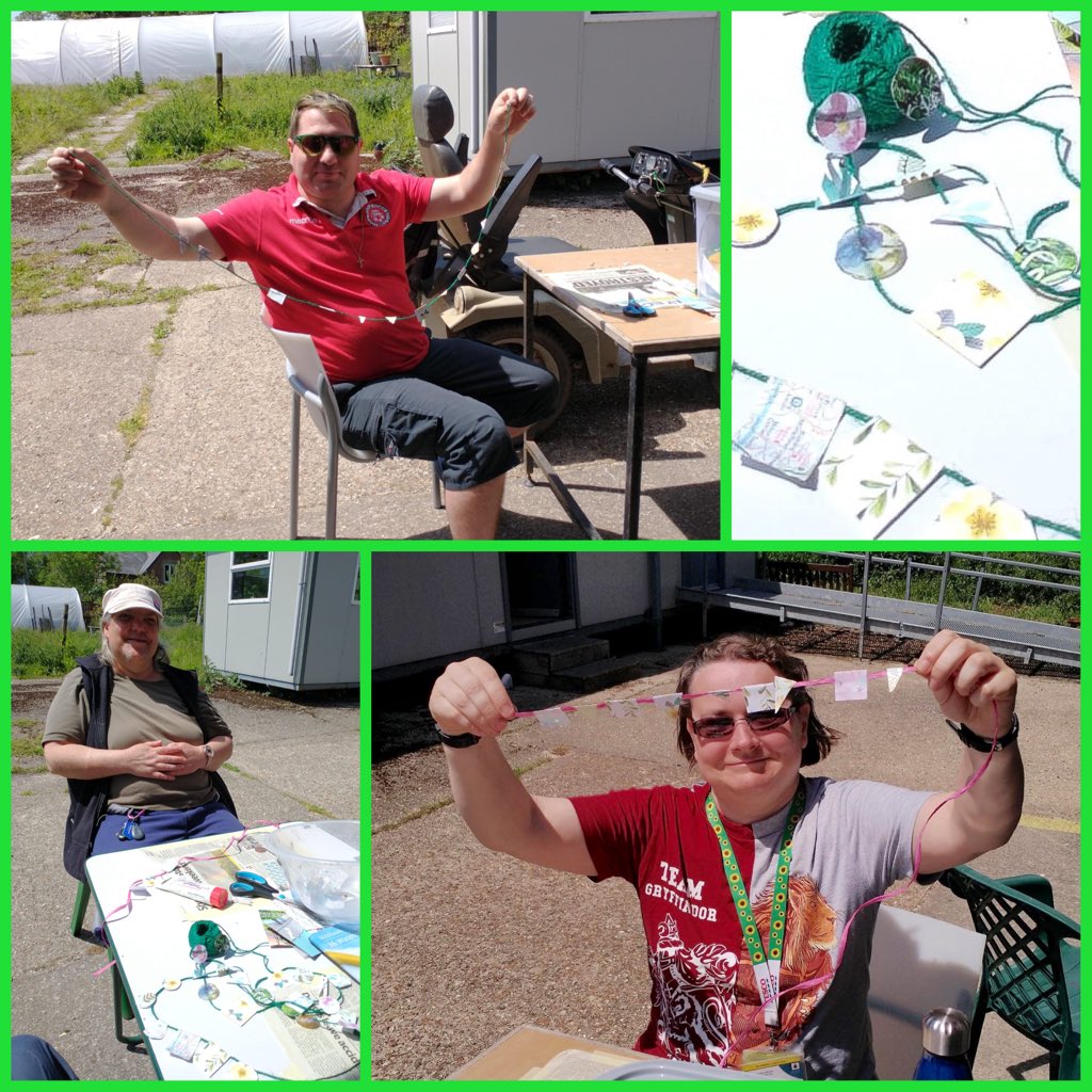 SHoltonLee's tweet photo. Flourish participants have been mini Bunting making in the sun this week! #minibunting #crafts #outdoor #ecotherapy #flourish @LivabilityUK @dorset_eye #wellbeing @Enablemagazine @bbcouch @Bournemouthecho @NorthWareham_ag @Radiowimborne @chesilradio https://t.co/VjoboDB2g9