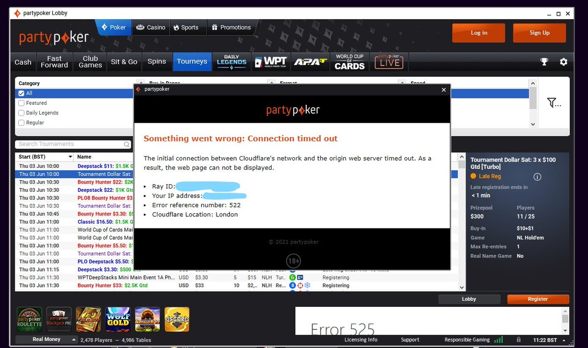 robinchipsttv's tweet photo. @partypoker was just disconnected from my tables! Was sat out for 20 minutes and have finally managed to log back in but lost a load of blinds on 3 MTT tables of $44 in buy-ins. Can I expect some form of reimbursement? I see play has been paused now so you are aware of the issue https://t.co/t0pElIiOfN