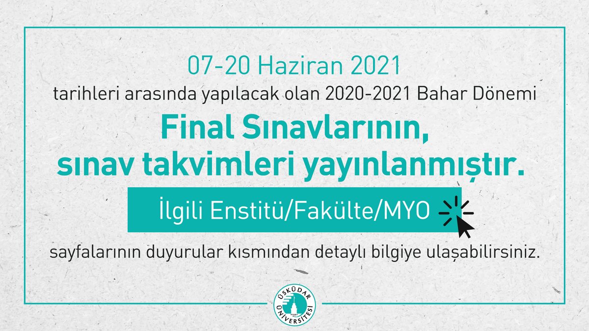 UUDuyuru's tweet photo. 07-20 Haziran 2021 tarihleri arasında yapılacak olan 2020-2021 Bahar Dönemi Final Sınavlarının, sınav takvimleri yayınlanmıştır. İlgili Enstitü/Fakülte/MYO sayfalarının duyurular kısmından detaylı bilgiye ulaşabilirsiniz.
#ÜsküdarÜniversitesi #BirÜniversite https://t.co/Omz40CvqVY